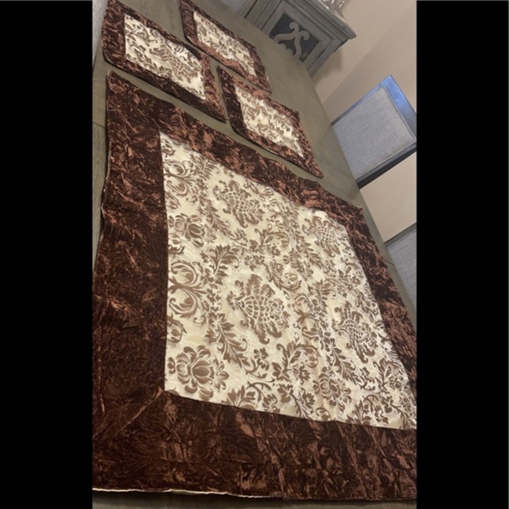 Four Piece Accent Table Cover / Runner Gold Brown Square Holiday Eid Decor NEW